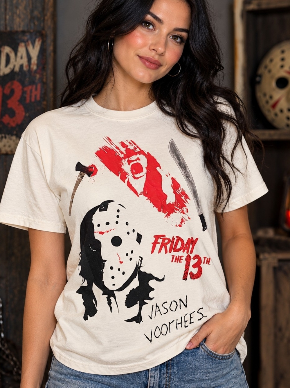 Friday the 13th Jason Voorhees Graphic T-Shirt Unisex Large Cream Horror Tee
